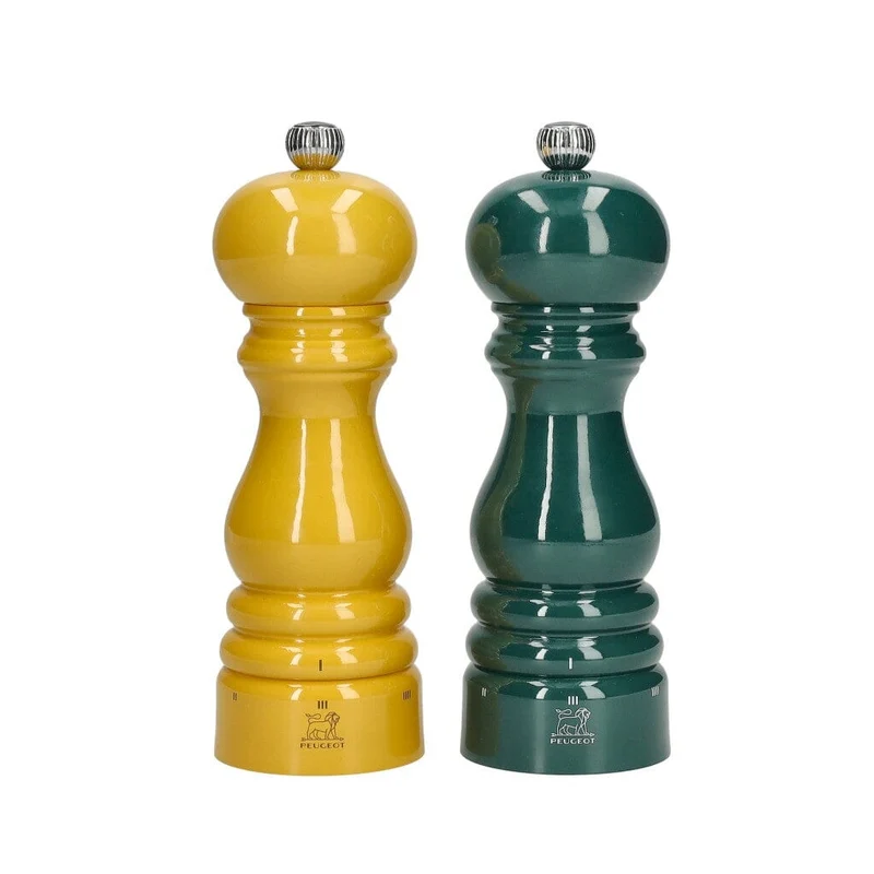 Juego de molinillos de pimienta y sal Peugeot Paris de 18 cm en amarillo azafrán y verde bosque