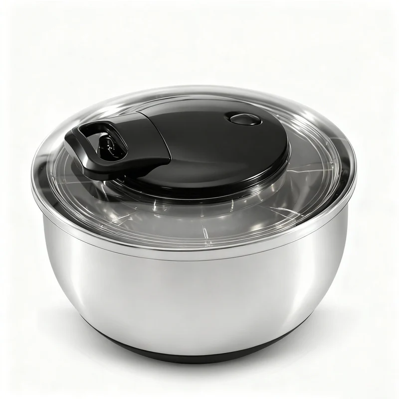 Centrifugadora de ensalada de acero inoxidable con función de parada y mandolina integrada.