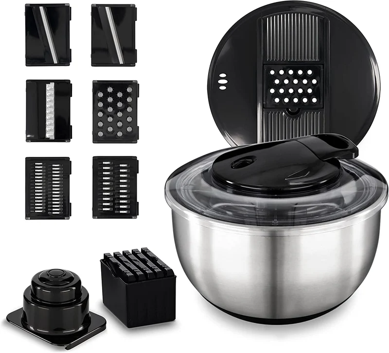 Centrifugadora de ensalada GSD de acero inoxidable con función de parada y mandolina integrada.