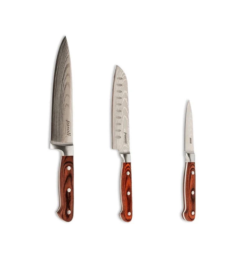 Juego de 3 cuchillos de chef pasoli "Chef": cuchillos de cocina afilados de acero inoxidable