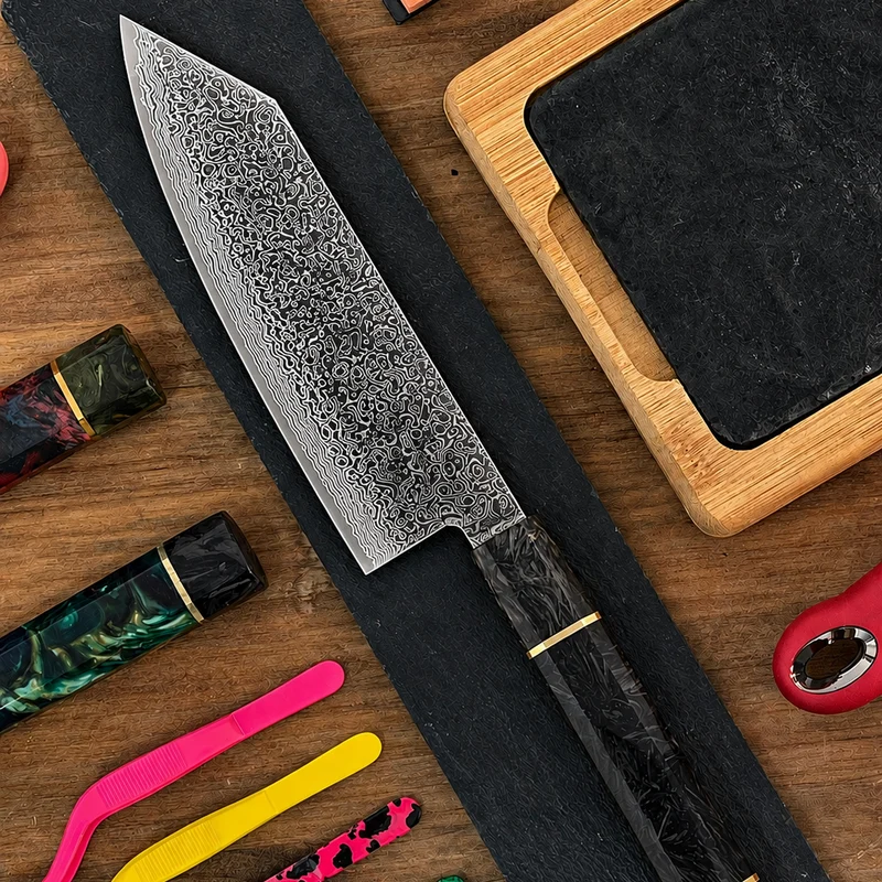 Cuchillo Bunka Damasco 67 capas VG10 | Hoja 19 cms Acero damasco| Mango Fibra de Carbono