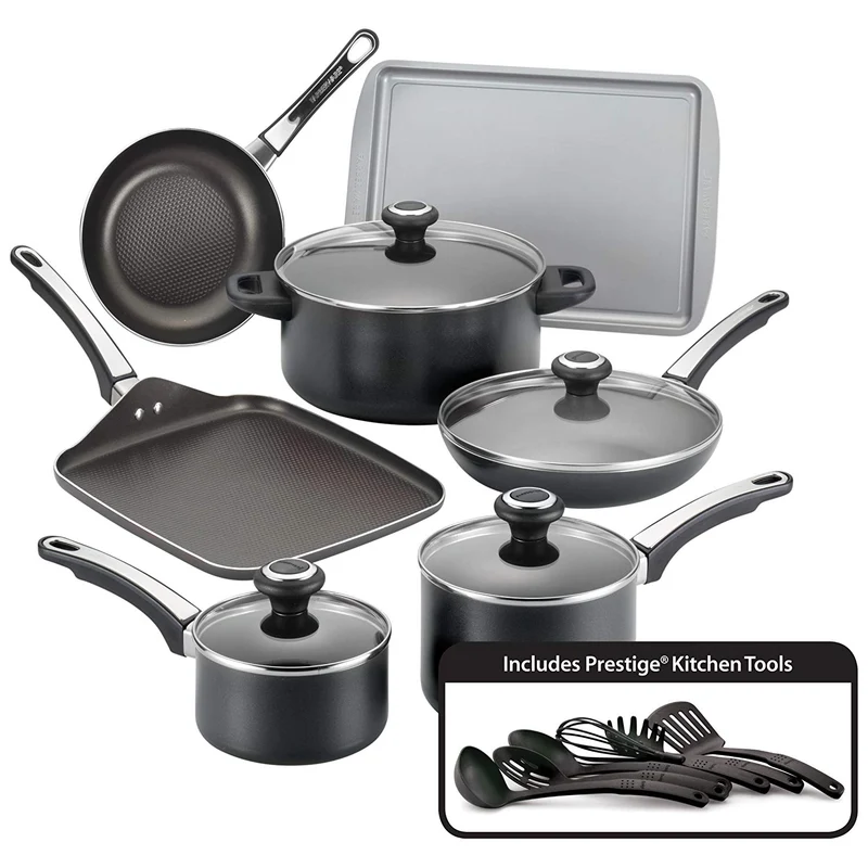 Farberware Juego de ollas y sartenes antiadherentes de alto rendimiento, 17 piezas, Negro, 1, 17
