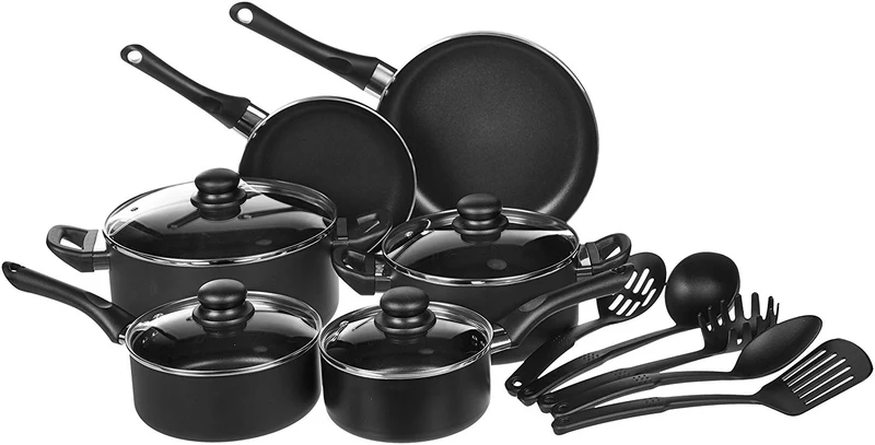 AmazonBasics Juego de ollas antiadherente, 15 piezas
