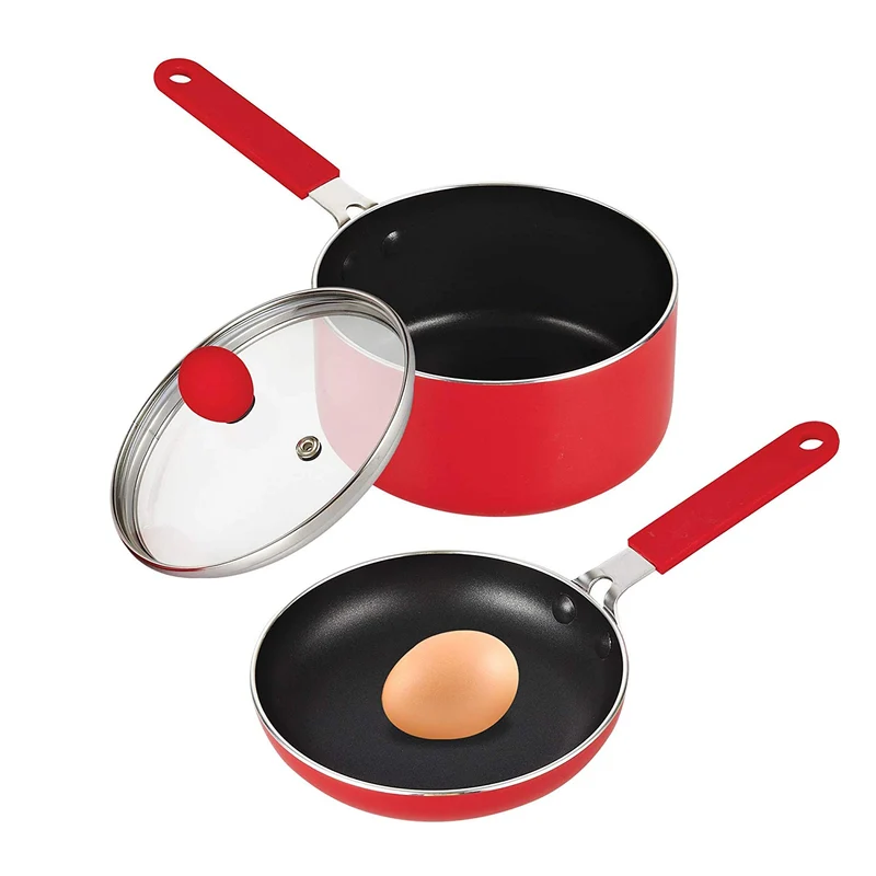 Cook N Home Sartén y olla con tapa pequeños, antiadherentes, 13.97 cm, Rojo, 1