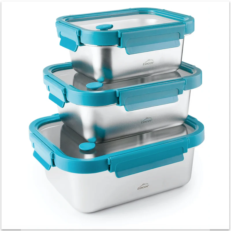 Set 3 Tuppers rectangulares de acero inoxidable y tapa cristal - Cocuisine