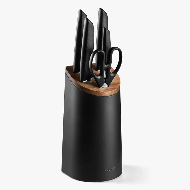 Juego cocina 4 Cuchillos Niza + Tijeras + Soporte de cuchillos negro con tapa de madera de acacia