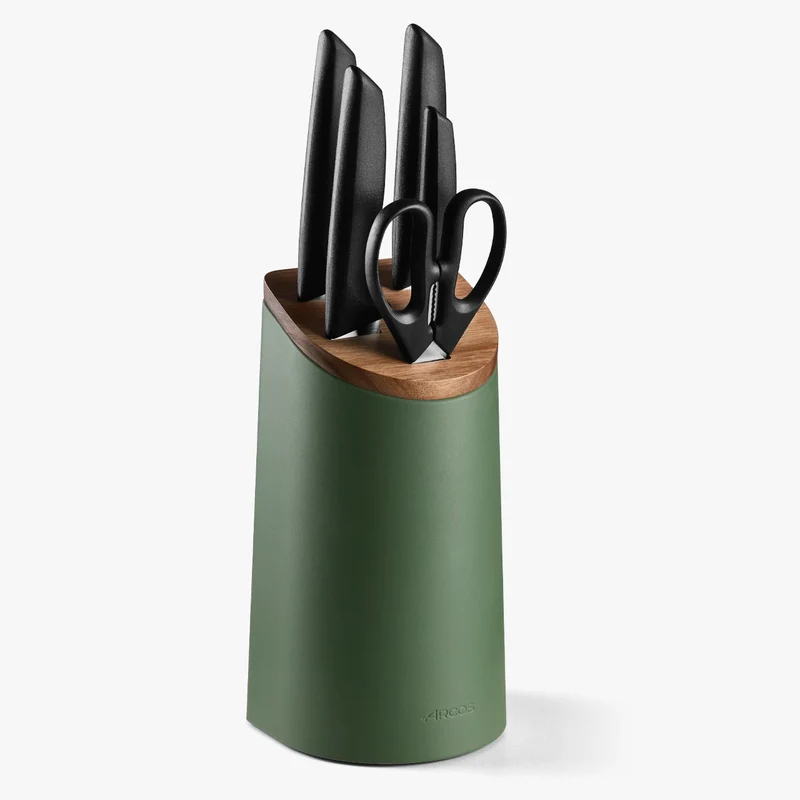 Juego cocina 4 Cuchillos Niza + Tijeras + Soporte de cuchillos verde con madera de acacia