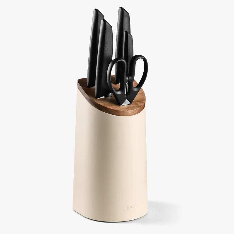 Juego cocina 4 Cuchillos Niza + Tijeras Prochef + Soporte de cuchillos beige con madera de acacia
