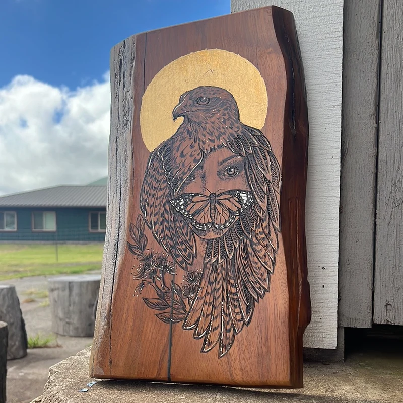 I’o Pyrography on Koa Wood (CG Jocelynn Baumann)