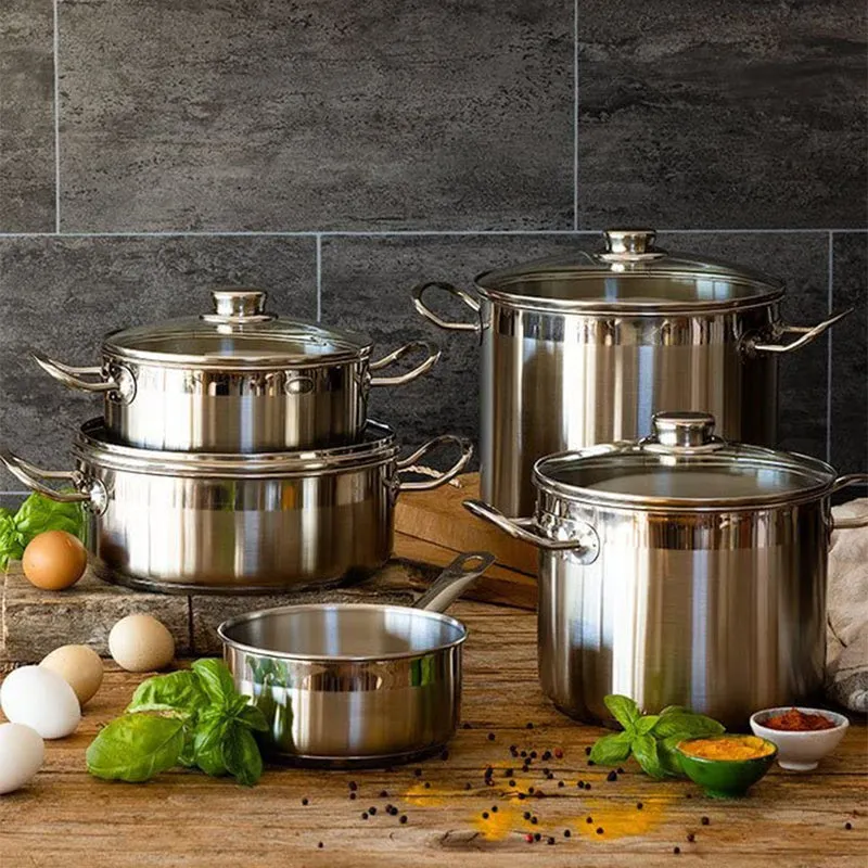 Batería de cocina 9 piezas acero inoxidable sin antiadherente con tapa de cristal Profesional