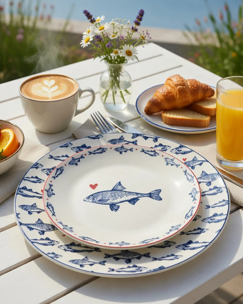 Plato de desayuno con peces de porcelana