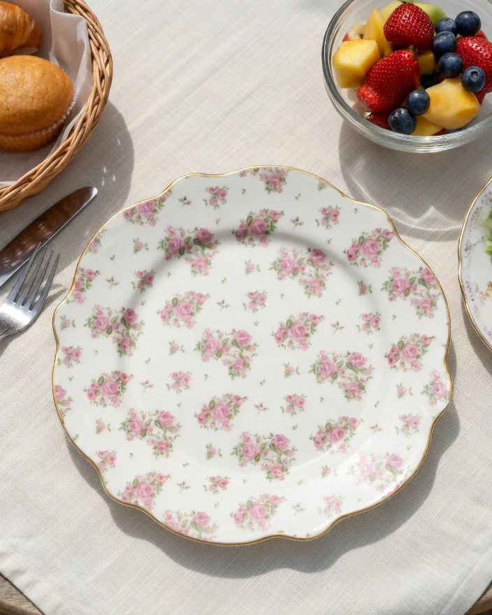 Plato llano de porcelana con flores rosas