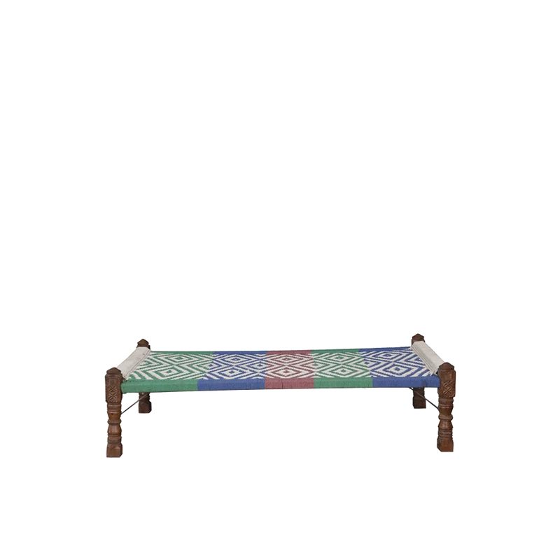 Cama charpai de madera teca y tejido Verde-Azul-Rojo - Indian Treasures