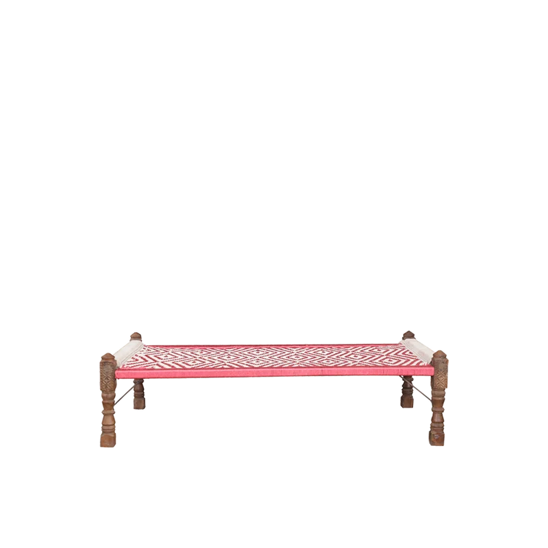 Cama estilo indio de madera teca y tejido Rojo-Crudo - Indian Treasures