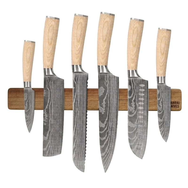 Shinrai Knives - Juego de 6 cuchillos con estampado de Damasco Akari + Tira magnética para pared - Madera de acacia