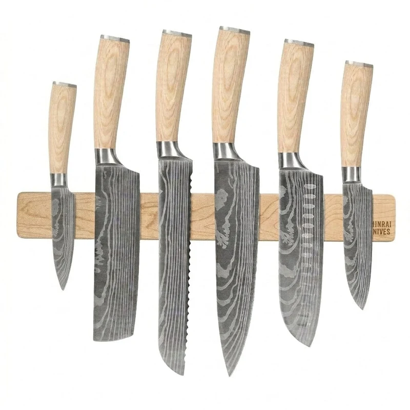 Shinrai Knives - Juego de 6 cuchillos con estampado de Damasco Akari + Tira magnética para pared - Madera de arce