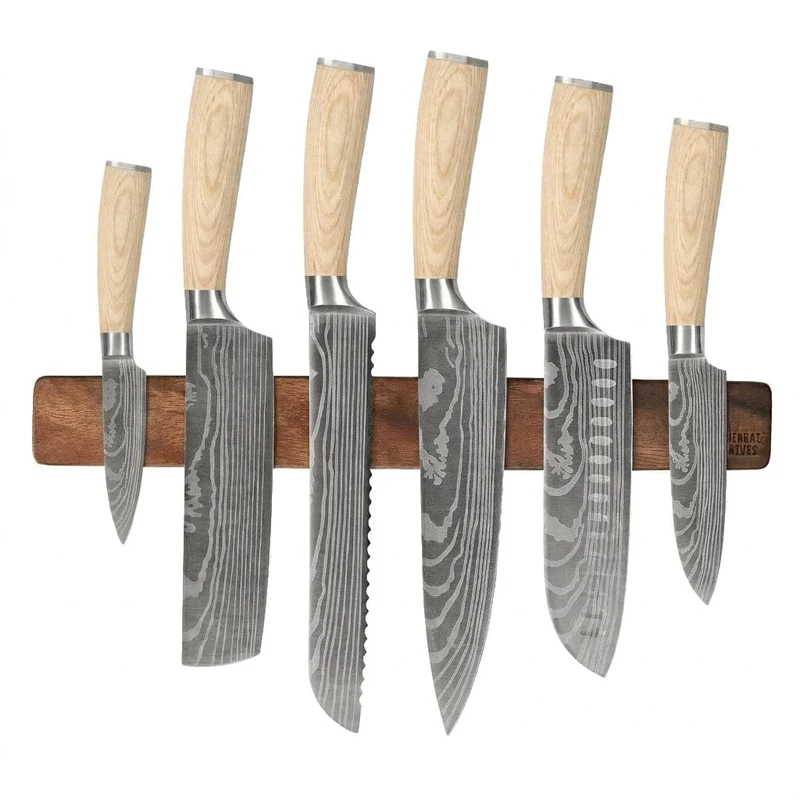 Shinrai Knives - Juego de 6 cuchillos con estampado de Damasco Akari + tira magnética para pared - Madera de nogal