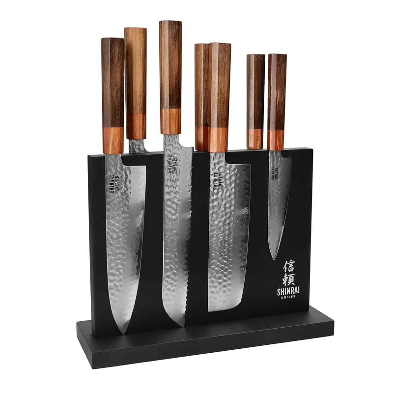 Shinrai Knives - Juego de cuchillos de 7 piezas de Damasco exclusivo Kigami + Bloque de cuchillos de doble cara negro