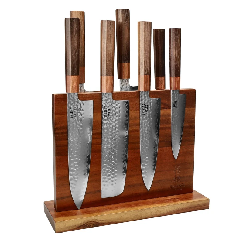 Shinrai Knives - Juego de cuchillos de 7 piezas de Damasco exclusivo de Kigami + Bloque de cuchillos de doble cara