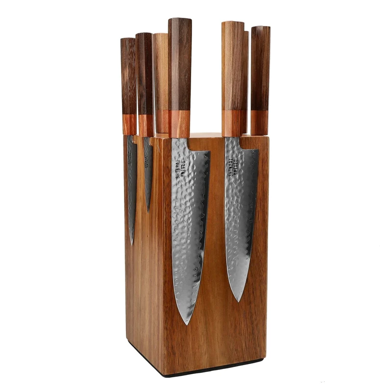 Shinrai Knives - Juego de cuchillos de Damasco de 7 piezas exclusivo de Kigami + Bloque de cuchillos Girar