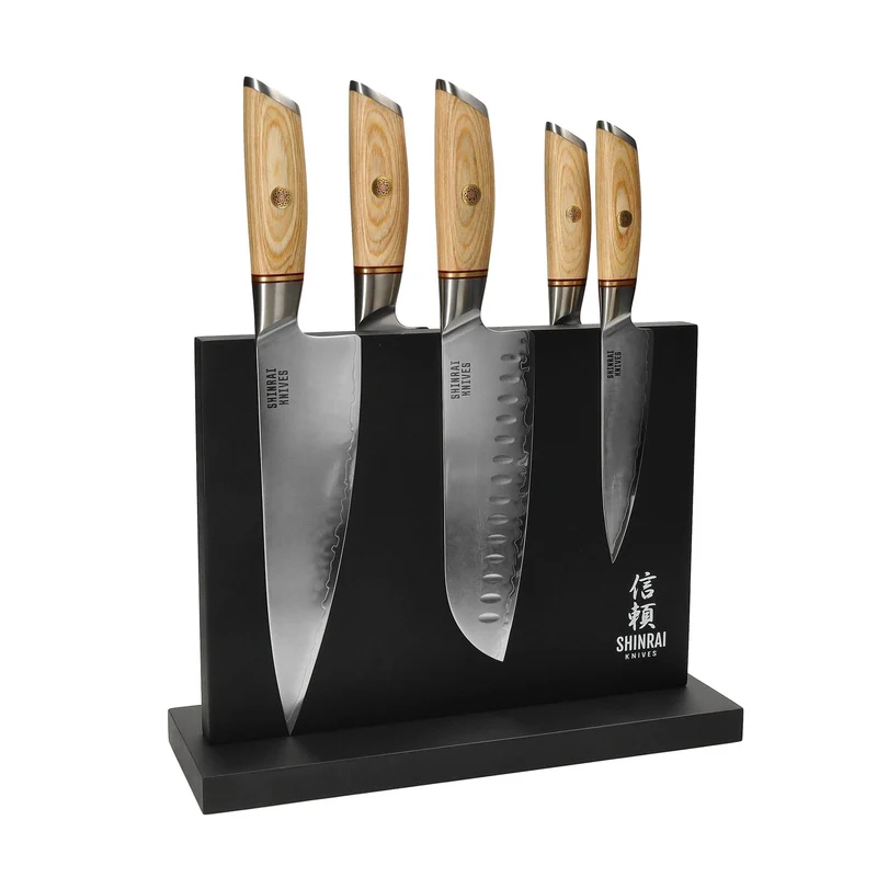Shinrai Knives - Juego de cuchillos Hikari Damascus de 5 piezas + Bloque de cuchillos de doble cara negro