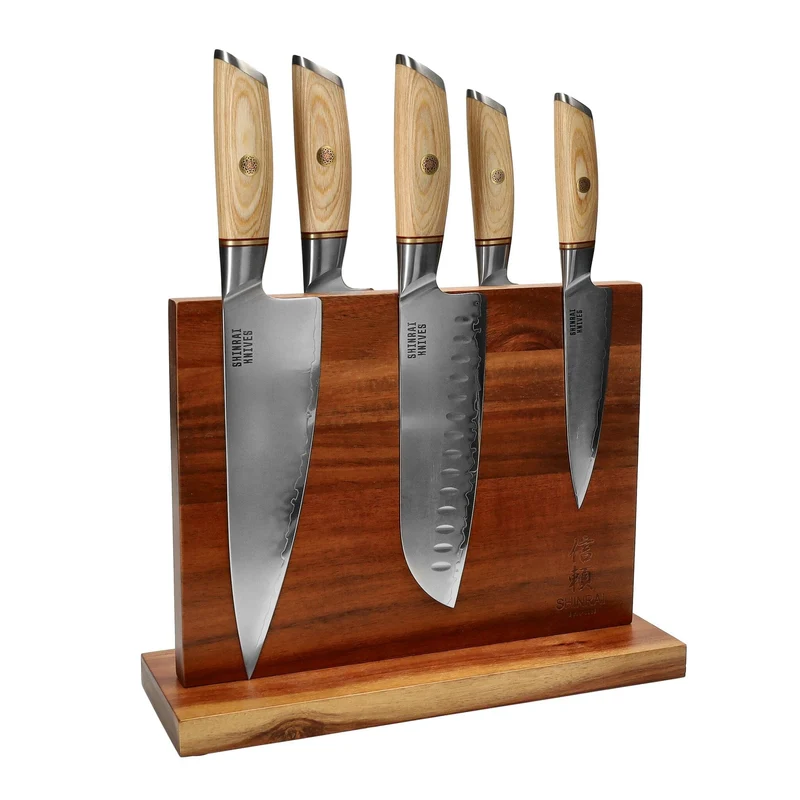 Shinrai Knives - Juego de cuchillos Hikari Damasco de 5 piezas + Bloque de cuchillos de doble cara