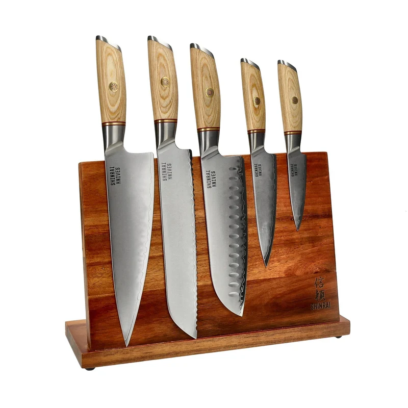 Shinrai Knives - Juego de cuchillos Hikari Damascus de 5 piezas + Bloque de cuchillos, de una sola cara