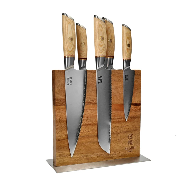 Shinrai Knives - Juego de cuchillos Hikari Damascus de 5 piezas + bloque de cuchillos de doble cara Cito