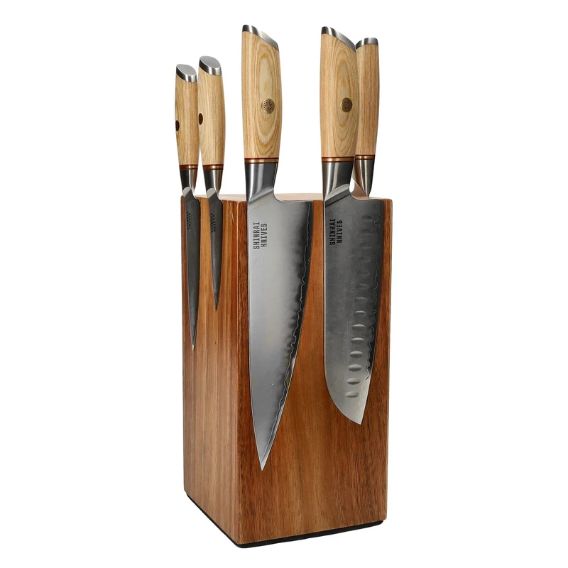 Shinrai Knives - Juego de cuchillos Hikari Damascus de 5 piezas + Bloque de cuchillos Girar