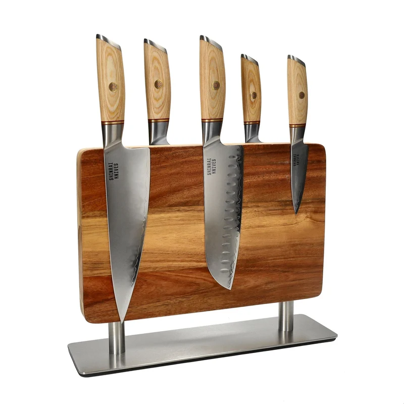 Shinrai Knives - Juego de cuchillos Hikari Damascus de 5 piezas + punzón para bloque de cuchillos