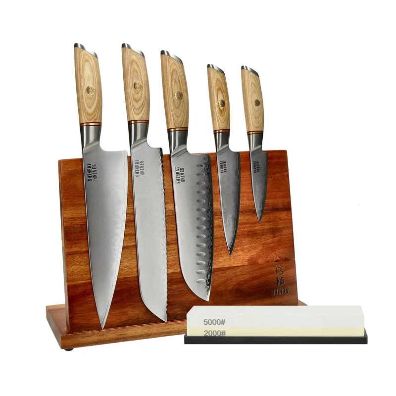 Shinrai Knives - Juego de cuchillos Hikari Damascus de 5 piezas + bloque de cuchillos + piedra de afilar