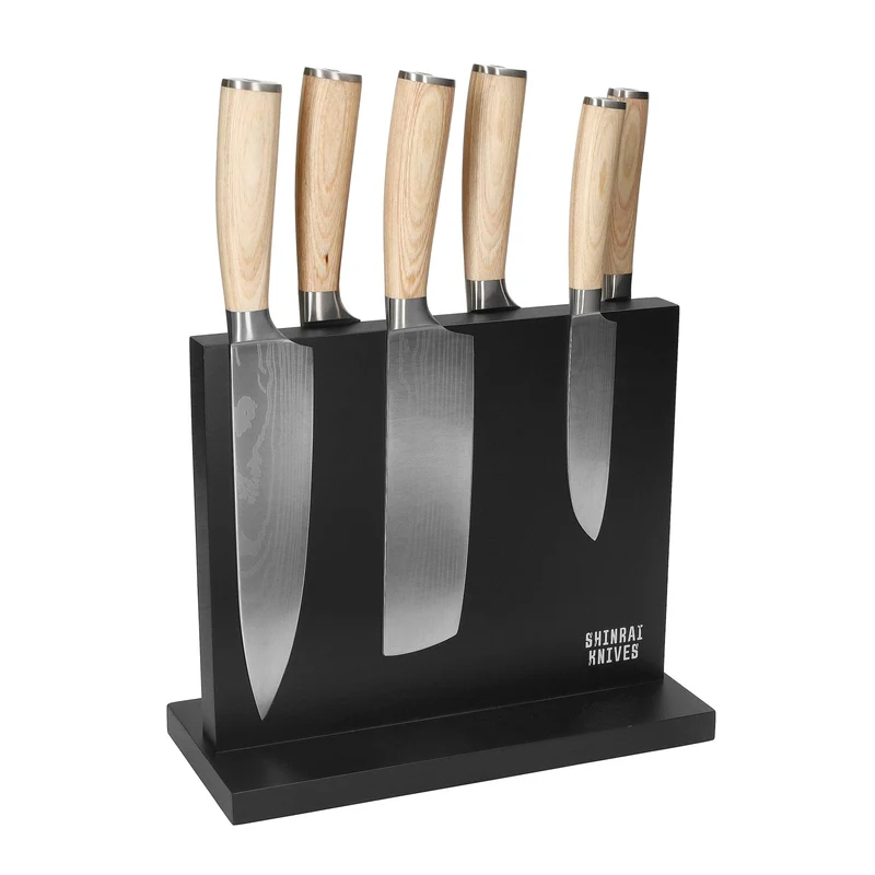 Shinrai Knives - Juego de 6 cuchillos con estampado de Damasco Akari + Bloque magnético de doble cara para cuchillos - Negro