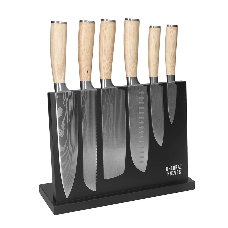 Shinrai Knives - Juego de 6 cuchillos con estampado de Damasco Akari + Bloque magnético para cuchillos de una sola cara - Negro