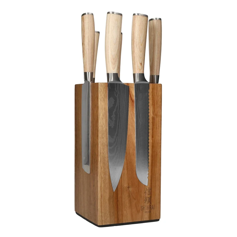 Shinrai Knives - Juego de 6 cuchillos con estampado de Damasco Akari + Bloque para cuchillos Robur