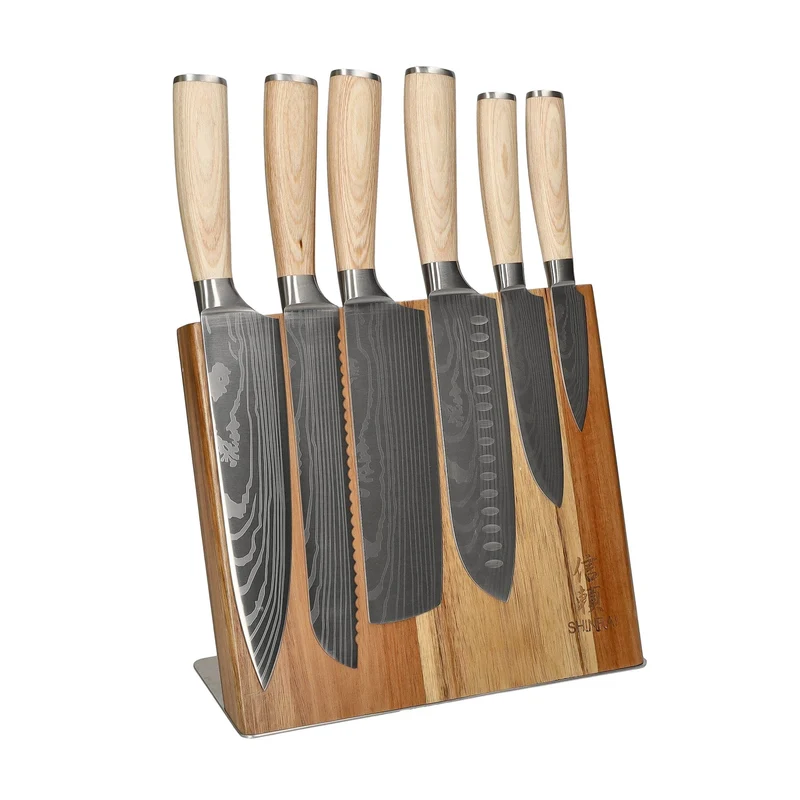 Shinrai Knives - Juego de 6 cuchillos Akari con estampado de Damasco + Bloque para cuchillos Cito de un solo filo