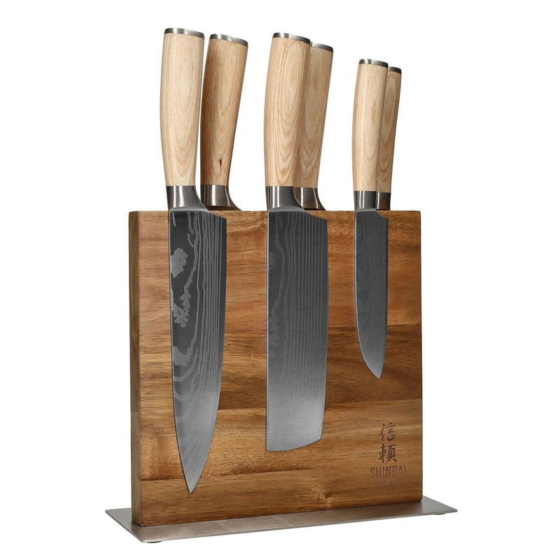 Shinrai Knives - Juego de 6 cuchillos Akari Damascus Print + Bloque de cuchillos Cito de doble filo