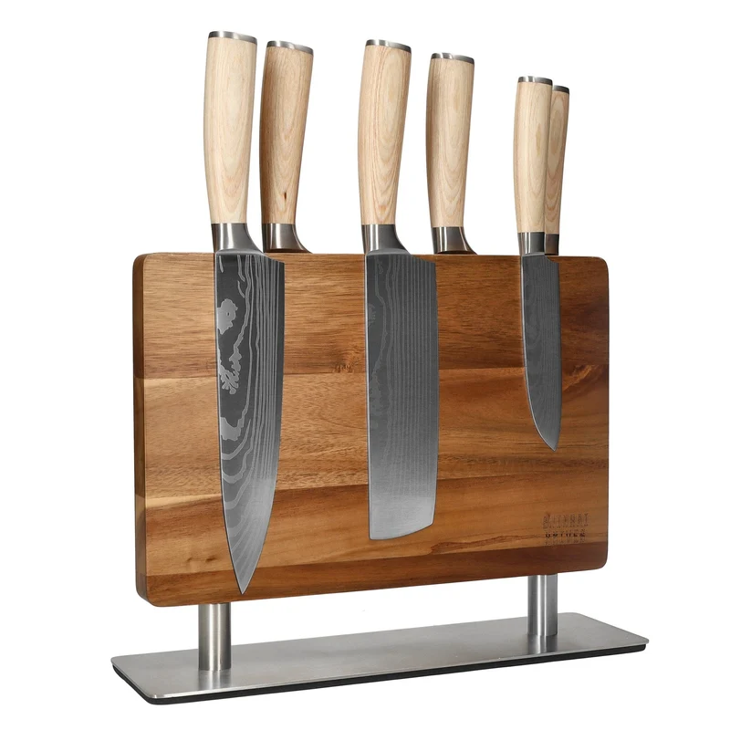 Shinrai Knives - Juego de 6 cuchillos con estampado de Damasco Akari + Troquel para bloque de cuchillos