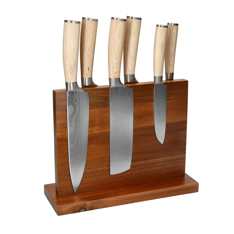 Shinrai Knives - Juego de 6 cuchillos con estampado de Damasco Akari + Bloque magnético de doble cara para cuchillos