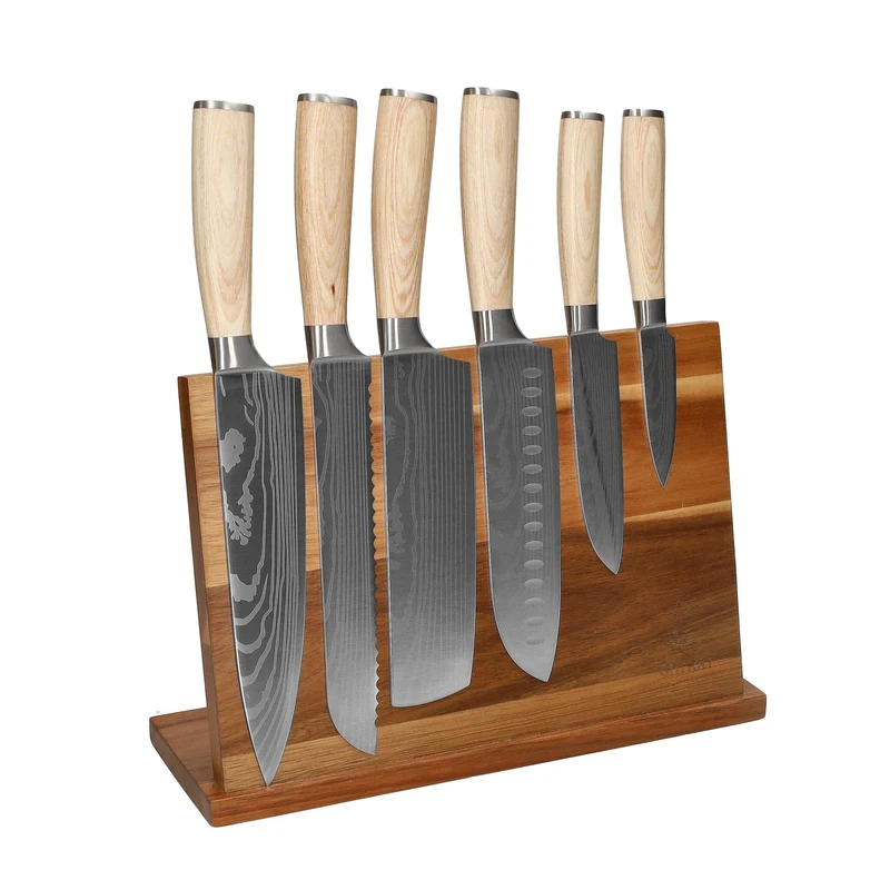 Shinrai Knives - Juego de 6 cuchillos con estampado de Damasco Akari + Bloque magnético para cuchillos de una sola cara