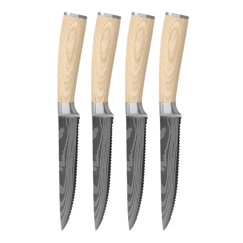 Shinrai Knives - Akari Damasco Estampado 4 cuchillos para carne 12 cm