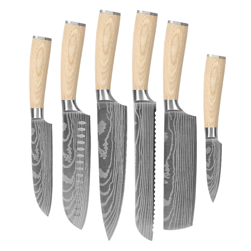 Shinrai Knives - Juego de 6 cuchillos con estampado de Damasco Akari