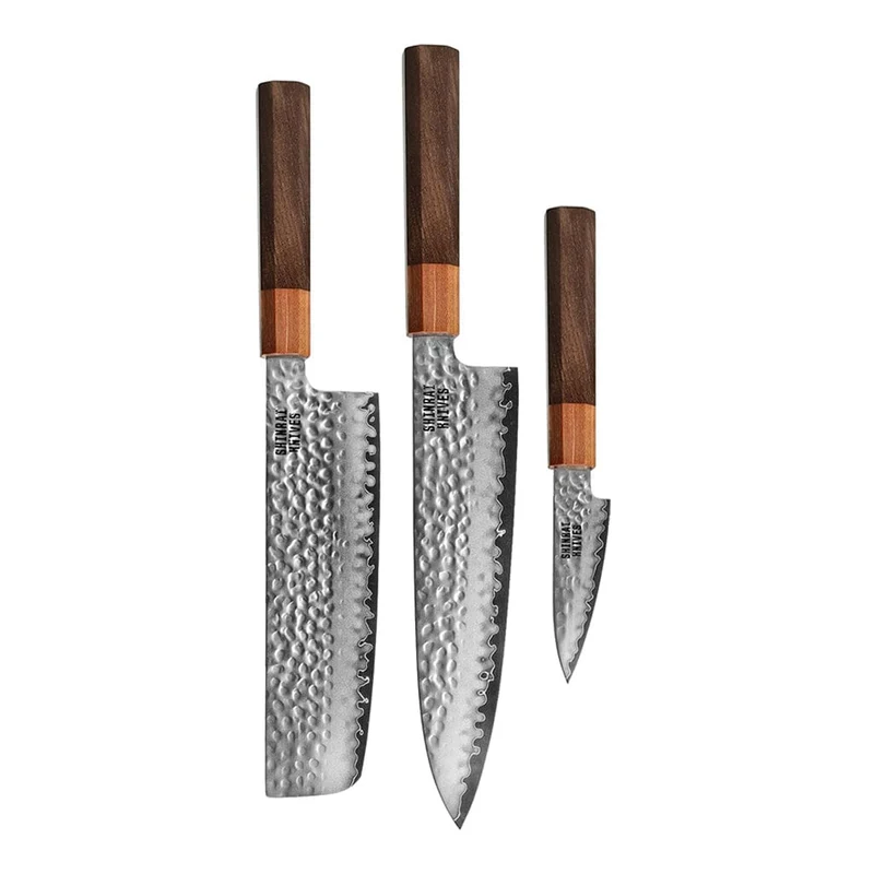 Shinrai Knives - Juego de 3 piezas Damascus exclusivo de Kigami - Cuchillo cocinero + Nakiri + Cuchillo pelador