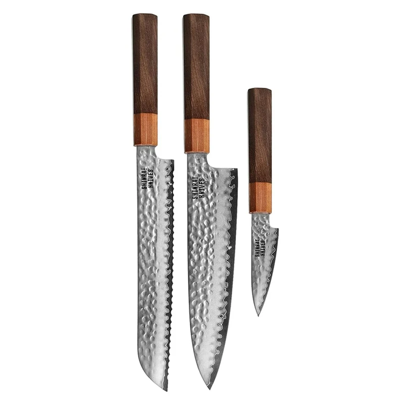 Shinrai Knives - Juego de 3 piezas de Damasco exclusivo de Kigami: cuchillo de chef, cuchillo de pan y cuchillo para pelar