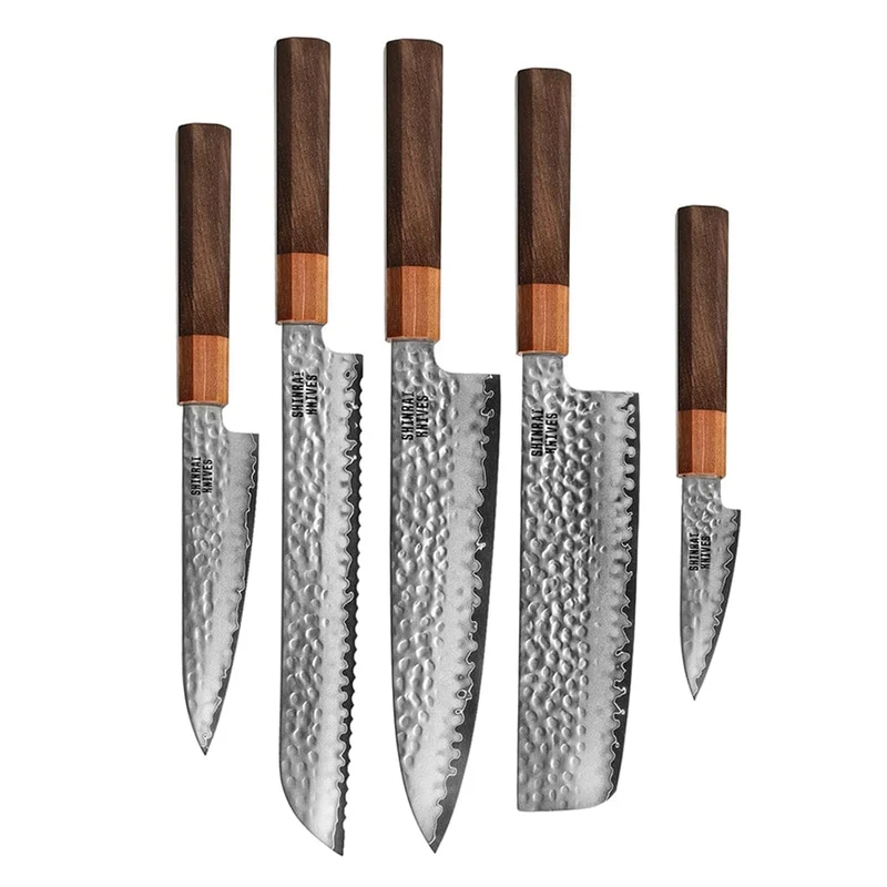Shinrai Knives - Juego de 5 piezas Damascus exclusivo de Kigami - Cuchillo de chef + Cuchillo de pan + Nakiri + Cuchillo de oficina + Cuchillo de pelar