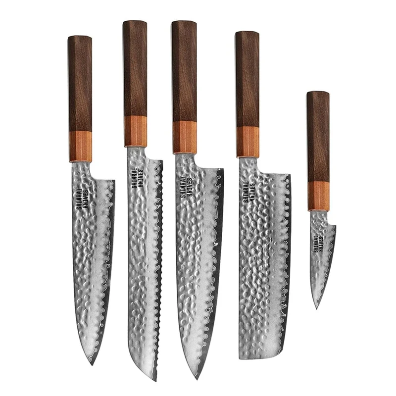Shinrai Knives - Juego de 5 piezas Damasco exclusivo de Kigami - Cuchillo de chef + Cuchillo para pan + Nakiri + Santoku + Cuchillo pelador