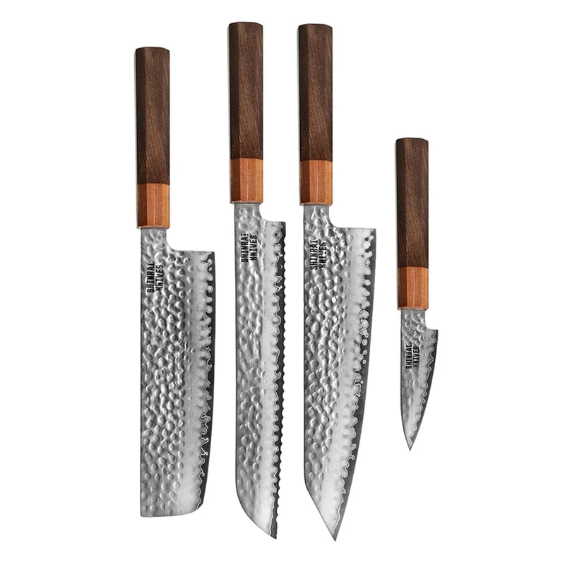 Shinrai Knives - Juego de 4 piezas Damasco exclusivo de Kigami - Kiritsuke + Cuchillo para pan + Nakiri + Cuchillo pelador