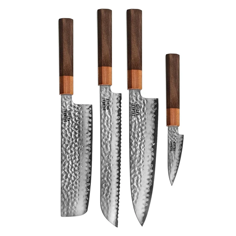 Shinrai Knives - Juego de 4 piezas Damascus exclusivo de Kigami - Cuchillo de chef + Cuchillo para pan + Nakiri + Cuchillo pelador
