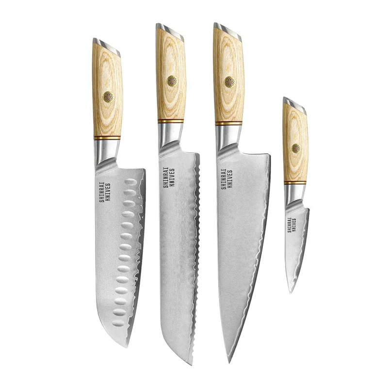 Shinrai Knives - Juego Hikari Damascus 4 piezas - Cuchillo chef + Santoku + Cuchillo pan + Cuchillo pelador