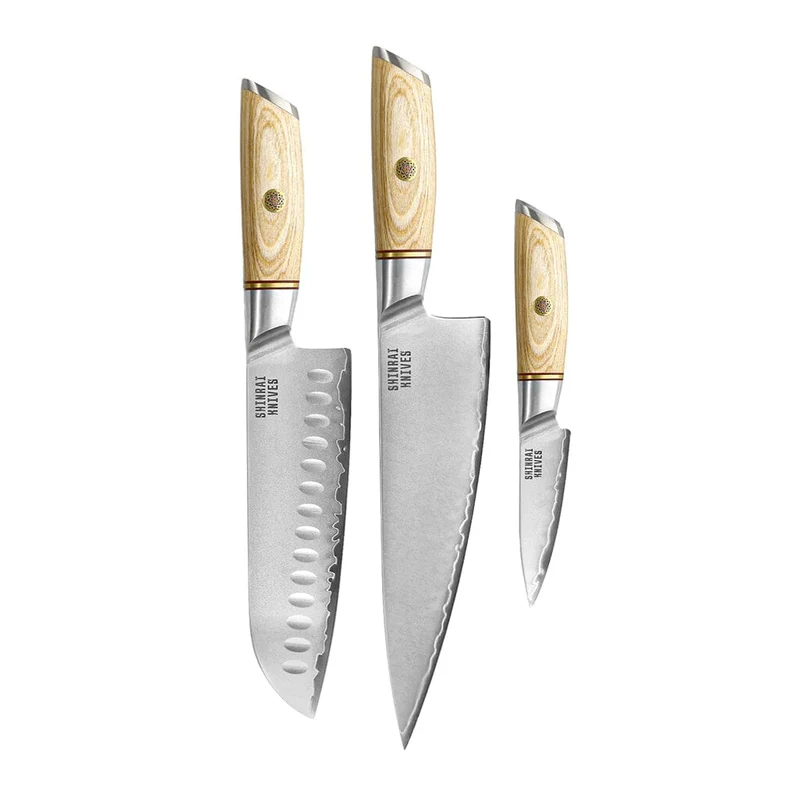 Shinrai Knives - Juego Hikari Damascus 3 piezas - Cuchillo Chef + Santoku + Cuchillo pelador