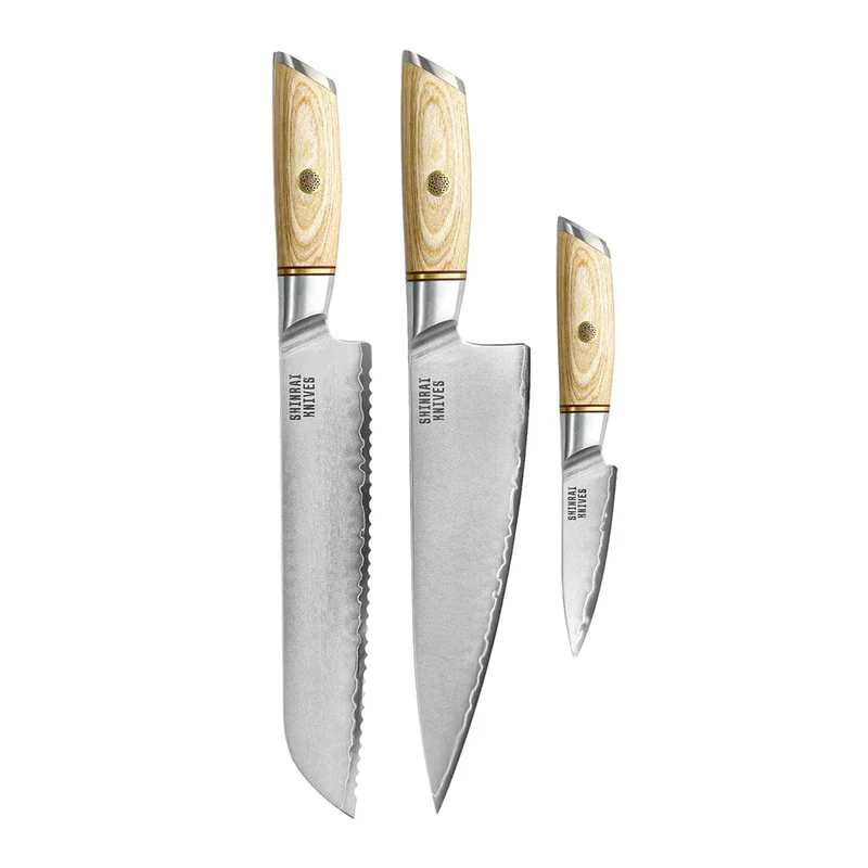 Shinrai Knives - Juego de 3 piezas Hikari Damasco: cuchillo de chef, cuchillo de pan y cuchillo para pelar